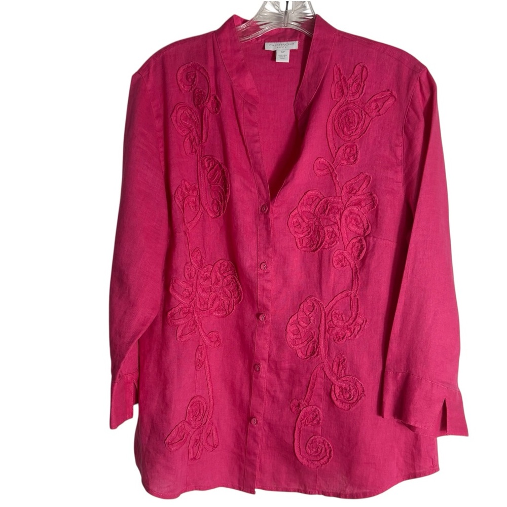 CHARTER CLUB Petites 100% Linen Floral Embroidered Top in Fuchsia Size 12PETITE - Picture 3 of 9